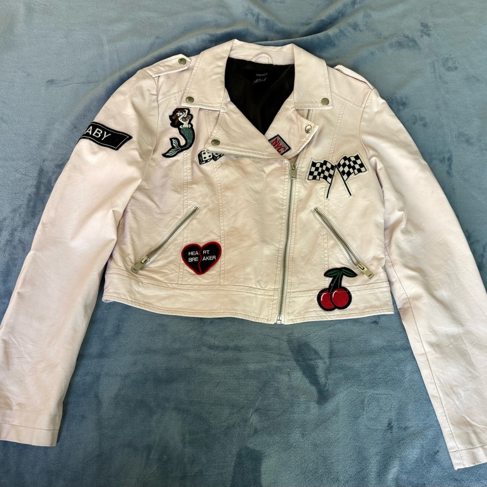 Forever 21 Cream Embroidered Leather Jacket